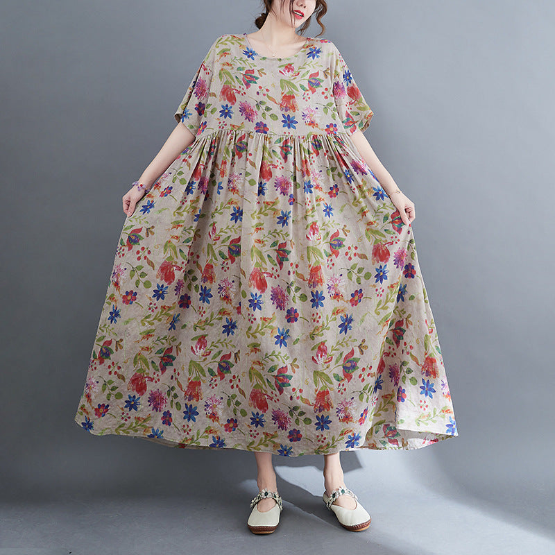 Artistic Large Size Loose Plump Girls Cotton And Linen Printed Short-sleeved Dress Women's Clothing  "Artistic Large Size Loose Plump Girls Cotton And Linen Printed Short-sleeved Dress Women's Clothing   (Available)