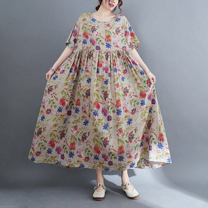Artistic Large Size Loose Plump Girls Cotton And Linen Printed Short-sleeved Dress Women's Clothing  "Artistic Large Size Loose Plump Girls Cotton And Linen Printed Short-sleeved Dress Women's Clothing   (Available)