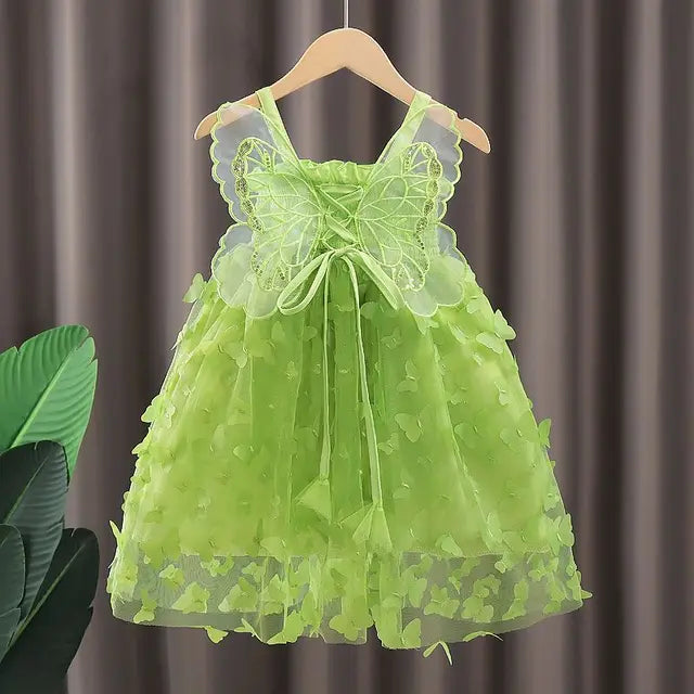 Fairy Girl Glitter Butterfly Wings Dress Summer New Kids Green Sling Princess Dresses Party Girls Costume  (Available)