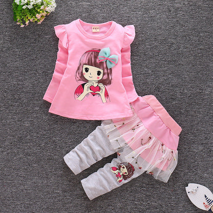 Long Sleeve Toddler Stitching Skirt Pants Set  (Available)