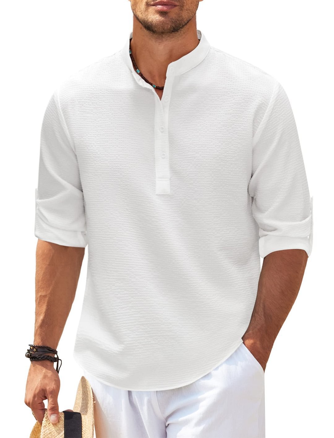 Men's Casual Shirt  Long Sleeve Stand Collar Solid Color Shirt Mens Clothing (Available)