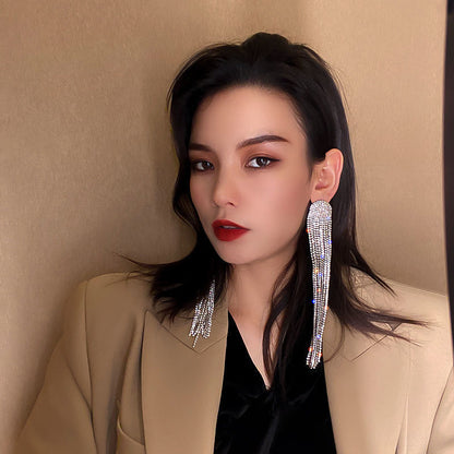 Exaggerated Personality Silver Full Diamond Super Long Tassel Ear Jewelry Women (Available)