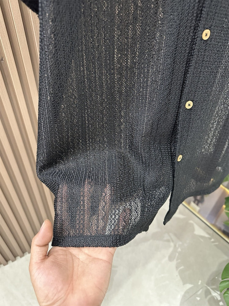 Summer Short Sleeved Shirt Hollow Knitted Men's Loose Trendy Brand   (Available)