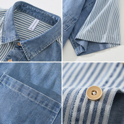 Design Sense Color Contrast Patchwork Striped Denim Short Sleeve Shirt (Available)