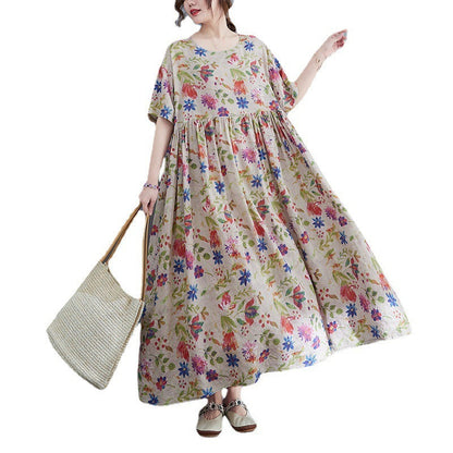 Artistic Large Size Loose Plump Girls Cotton And Linen Printed Short-sleeved Dress Women's Clothing  "Artistic Large Size Loose Plump Girls Cotton And Linen Printed Short-sleeved Dress Women's Clothing   (Available)