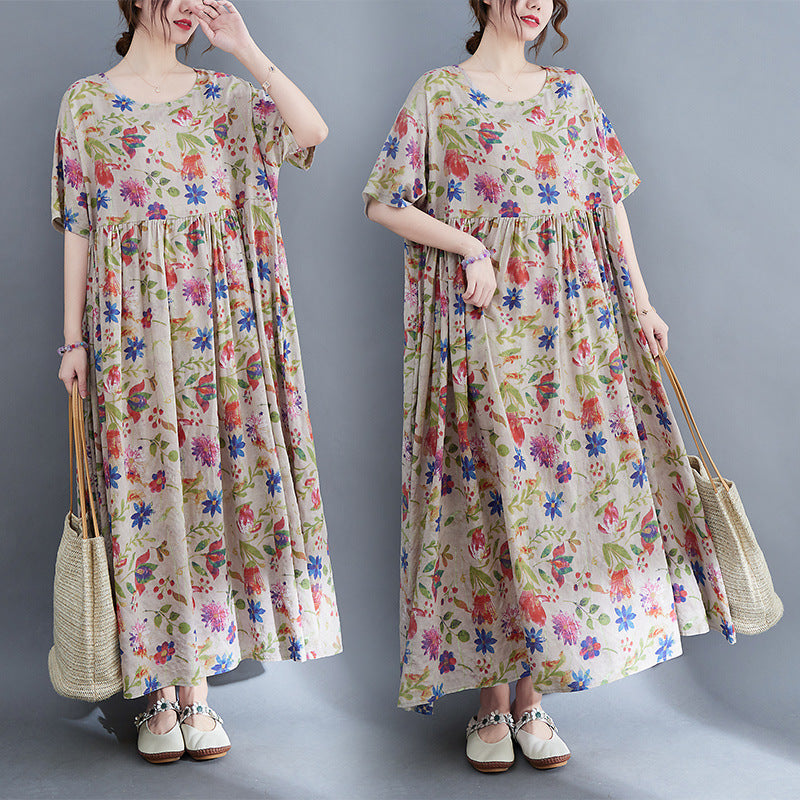 Artistic Large Size Loose Plump Girls Cotton And Linen Printed Short-sleeved Dress Women's Clothing  "Artistic Large Size Loose Plump Girls Cotton And Linen Printed Short-sleeved Dress Women's Clothing   (Available)