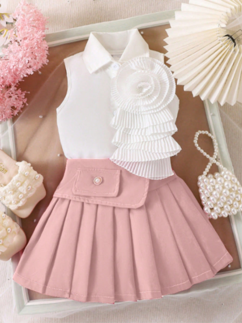 Girl's White Sleeveless Shirt With Rose Red Pleated Skirt Set (Available)