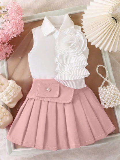 Girl's White Sleeveless Shirt With Rose Red Pleated Skirt Set (Available)