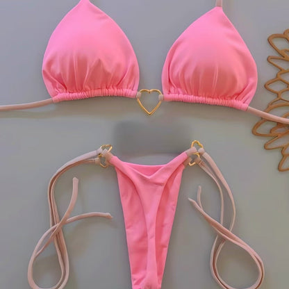 New Nylon Solid Color Love Bikini Suit
