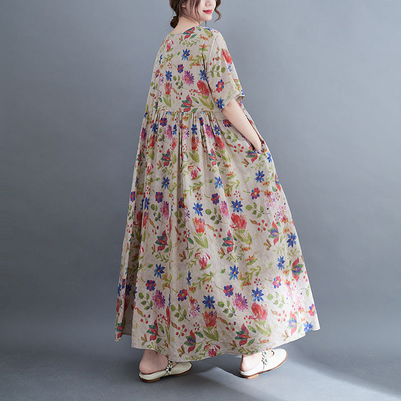 Artistic Large Size Loose Plump Girls Cotton And Linen Printed Short-sleeved Dress Women's Clothing  "Artistic Large Size Loose Plump Girls Cotton And Linen Printed Short-sleeved Dress Women's Clothing   (Available)
