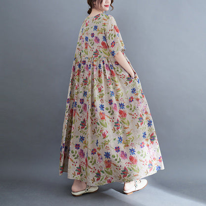 Artistic Large Size Loose Plump Girls Cotton And Linen Printed Short-sleeved Dress Women's Clothing  "Artistic Large Size Loose Plump Girls Cotton And Linen Printed Short-sleeved Dress Women's Clothing   (Available)