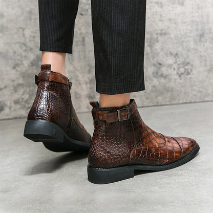 Men's Crocodile Pattern Boots Fashion Pointed Toe Low Square Heel Buckle Zipper Ankle Boots Business Formal Leather Shoes   (Available)