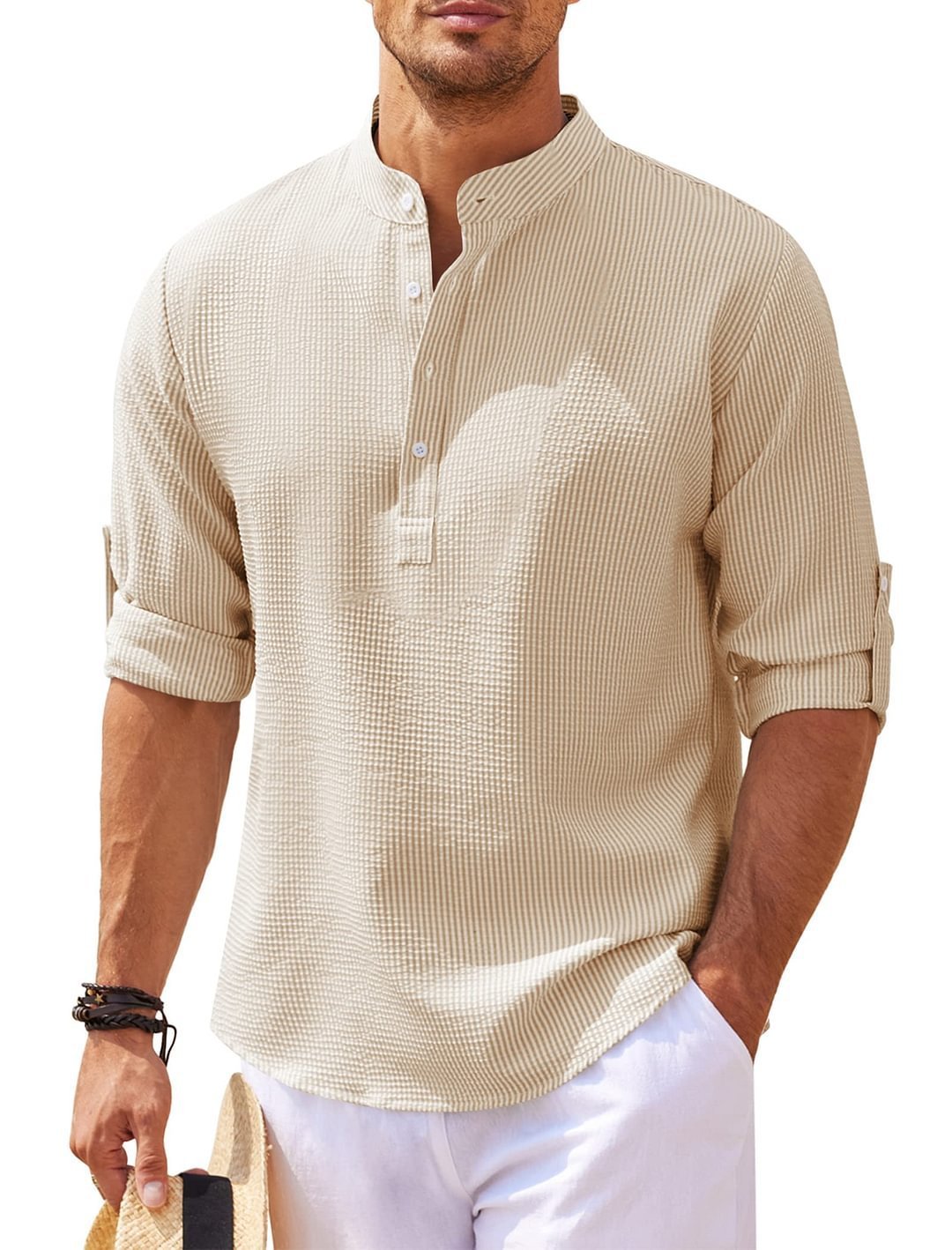 Men's Casual Shirt  Long Sleeve Stand Collar Solid Color Shirt Mens Clothing (Available)