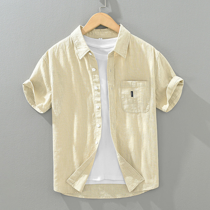 Solid Color Cotton And Linen Casual Fashion Short Sleeve Shirt (Available)