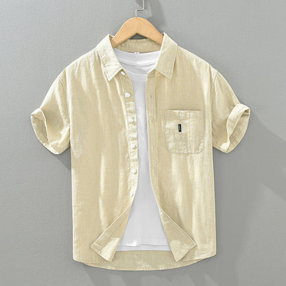 Solid Color Cotton And Linen Casual Fashion Short Sleeve Shirt (Available)