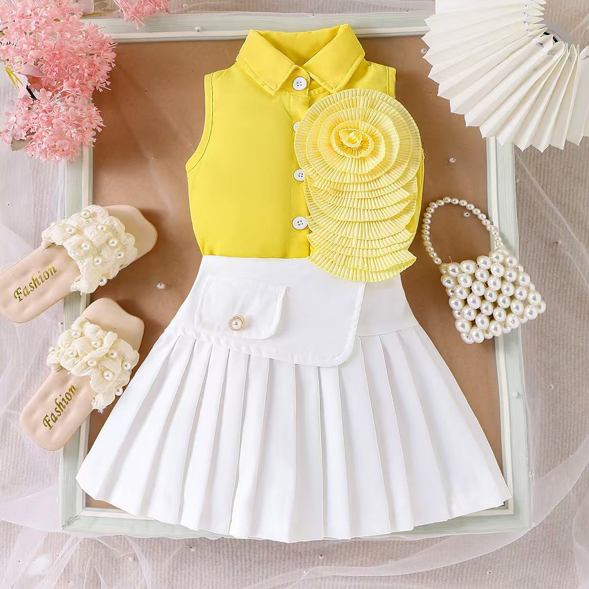 Girl's White Sleeveless Shirt With Rose Red Pleated Skirt Set (Available)