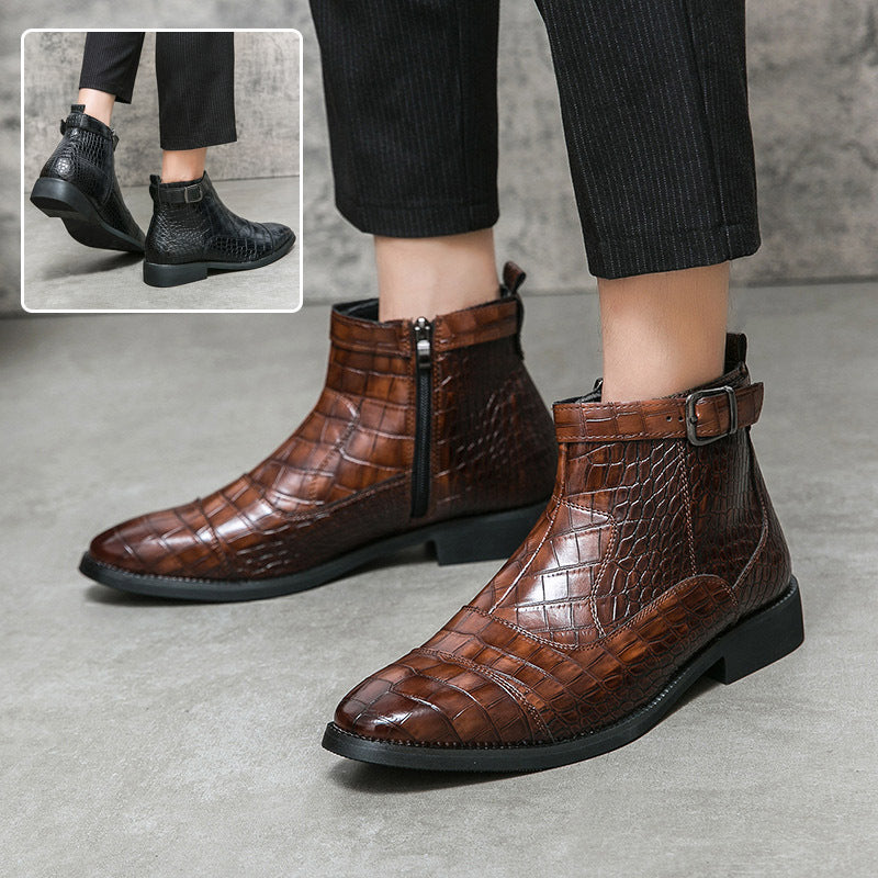 Men's Crocodile Pattern Boots Fashion Pointed Toe Low Square Heel Buckle Zipper Ankle Boots Business Formal Leather Shoes   (Available)