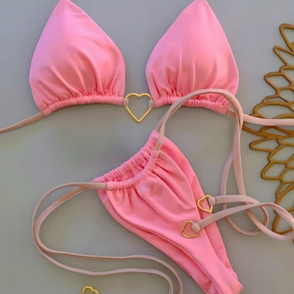 New Nylon Solid Color Love Bikini Suit