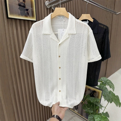 Summer Short Sleeved Shirt Hollow Knitted Men's Loose Trendy Brand   (Available)
