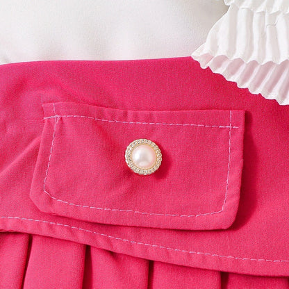 Girl's White Sleeveless Shirt With Rose Red Pleated Skirt Set (Available)