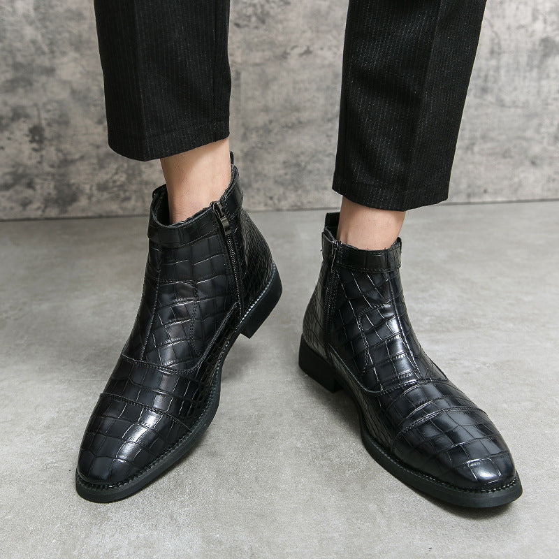 Men's Crocodile Pattern Boots Fashion Pointed Toe Low Square Heel Buckle Zipper Ankle Boots Business Formal Leather Shoes   (Available)