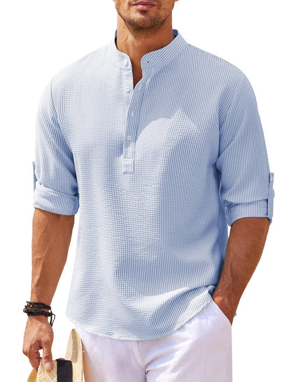 Men's Casual Shirt  Long Sleeve Stand Collar Solid Color Shirt Mens Clothing (Available)