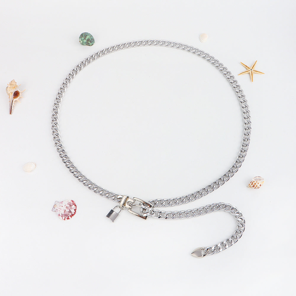 New Hip Hop Fashion For Men And Women Metal Waist Chain Padlock Pendant Versatile Jeans Skirt Accessories Thick Chain