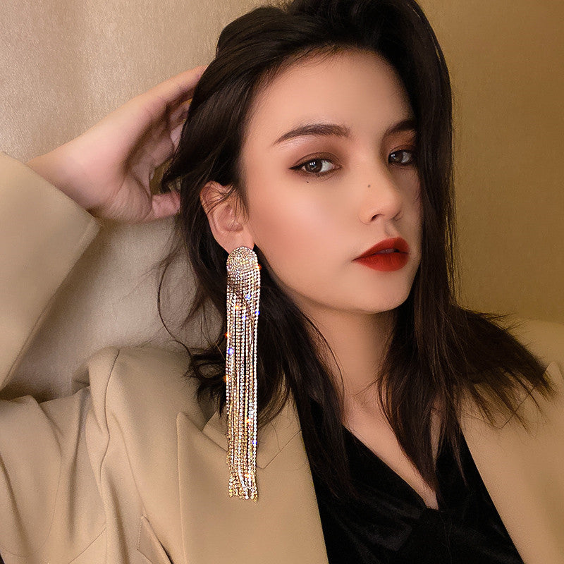 Exaggerated Personality Silver Full Diamond Super Long Tassel Ear Jewelry Women (Available)