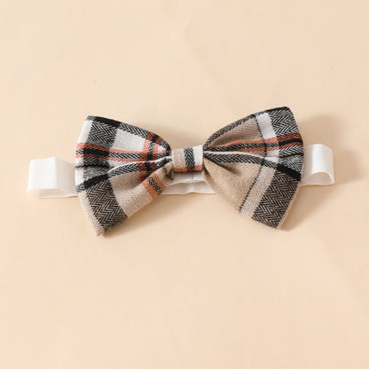 Girls' Fashion Minimalist Long Sleeve Triangle Rompers Bow Plaid Bear Doll Suspender Dress Hair Band Set  (Available)