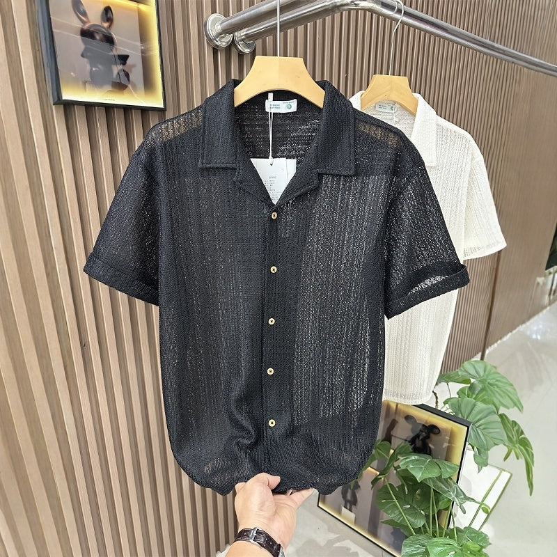 Summer Short Sleeved Shirt Hollow Knitted Men's Loose Trendy Brand   (Available)