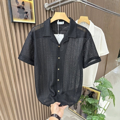 Summer Short Sleeved Shirt Hollow Knitted Men's Loose Trendy Brand   (Available)