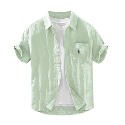 Solid Color Cotton And Linen Casual Fashion Short Sleeve Shirt (Available)