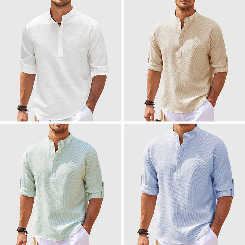 Men's Casual Shirt  Long Sleeve Stand Collar Solid Color Shirt Mens Clothing (Available)