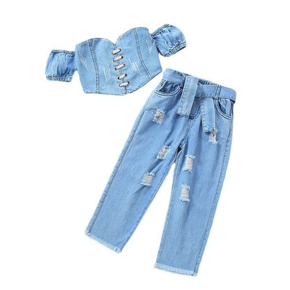Girls' Off-shoulder Short Sleeve Lace-up Tube Top Denim Ripped Trousers Belt Suit (Available)