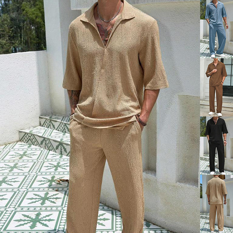 Commuter Suits Summer Short-sleeved Top And Loose Straight Trousers Casual Outfits Outdoor Mens Clothing   (Available)