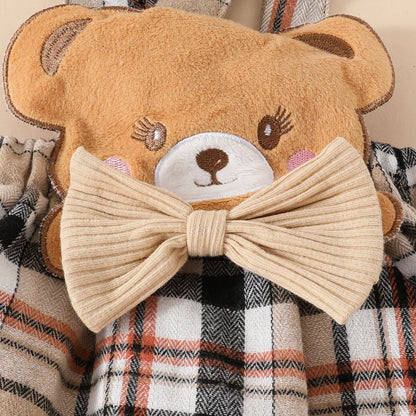 Girls' Fashion Minimalist Long Sleeve Triangle Rompers Bow Plaid Bear Doll Suspender Dress Hair Band Set  (Available)