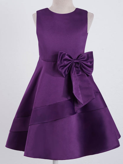 Flower Girl Dress for Kid Wedding Junior Bridesmaid Communion Party Pageant Sleeveless Big Bowknot Decor Satin A-Line Dresses