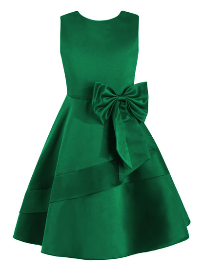 Flower Girl Dress for Kid Wedding Junior Bridesmaid Communion Party Pageant Sleeveless Big Bowknot Decor Satin A-Line Dresses