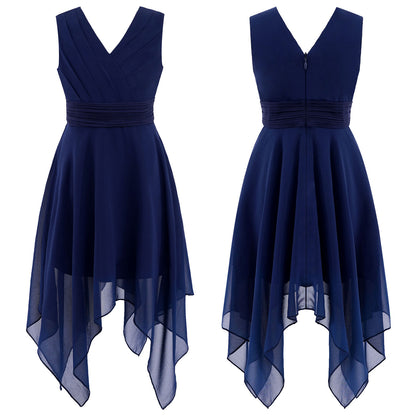 Summer Girls Festive Dress Hi-Lo Tulle Sleeveless Shiny Beaded Dress Flower Kids Wedding Pageant Clothing Evening Communion Gow