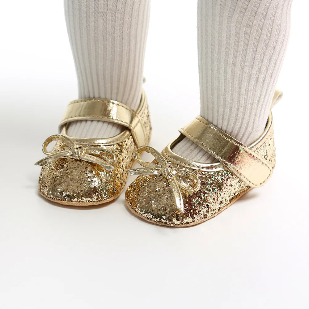 Newborn Baby Shoes Baby Boy Girl Shoes Girl Classic Bowknot Rubber Sole Anti-slip PU Dress Shoes First Walker Toddler Crib Shoes