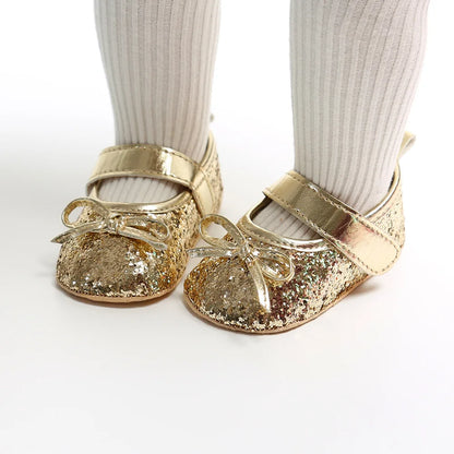 Newborn Baby Shoes Baby Boy Girl Shoes Girl Classic Bowknot Rubber Sole Anti-slip PU Dress Shoes First Walker Toddler Crib Shoes