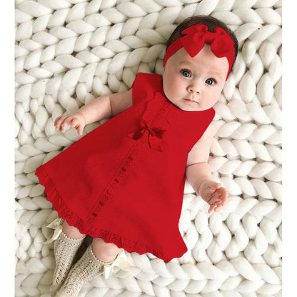 Newborn Baby Girls Dresses Summer Cute Bow Sleeveless Princess Party Birthday Lace Dress+Headband 2Pcs Kids Toddler Clothes A405