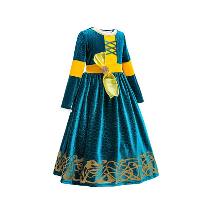 New Cartoon Movie Girls Princess Merida Dress Halloween Brave Princess Costume Children Green Velvet Long Sleeve Vintage Clothes