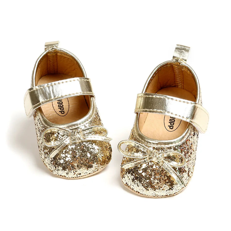 Newborn Baby Shoes Baby Boy Girl Shoes Girl Classic Bowknot Rubber Sole Anti-slip PU Dress Shoes First Walker Toddler Crib Shoes