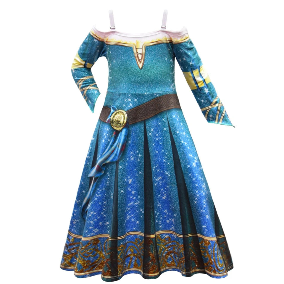 New Cartoon Movie Girls Princess Merida Dress Halloween Brave Princess Costume Children Green Velvet Long Sleeve Vintage Clothes