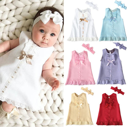 Newborn Baby Girls Dresses Summer Cute Bow Sleeveless Princess Party Birthday Lace Dress+Headband 2Pcs Kids Toddler Clothes A405