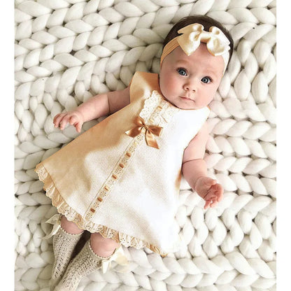 Newborn Baby Girls Dresses Summer Cute Bow Sleeveless Princess Party Birthday Lace Dress+Headband 2Pcs Kids Toddler Clothes A405