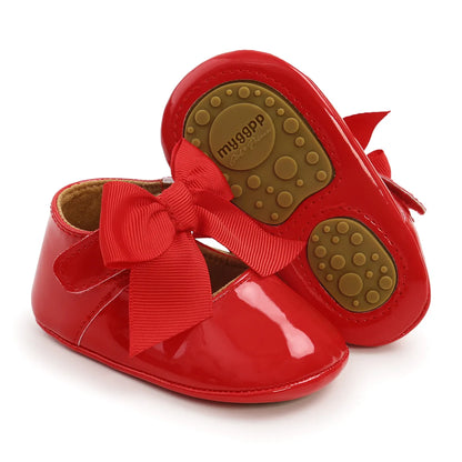 Newborn Baby Shoes Baby Boy Girl Shoes Girl Classic Bowknot Rubber Sole Anti-slip PU Dress Shoes First Walker Toddler Crib Shoes