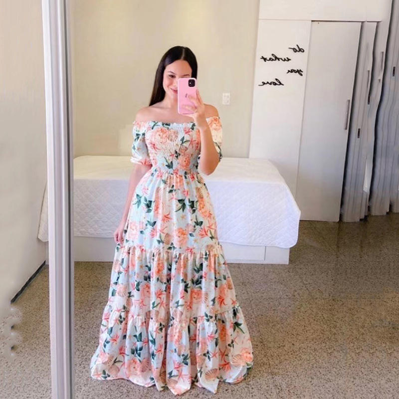 Fashion Ladies Long Summer One-shoulder Floral Dress  (Available)