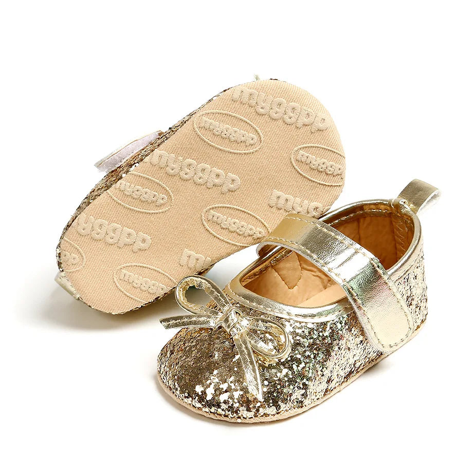 Newborn Baby Shoes Baby Boy Girl Shoes Girl Classic Bowknot Rubber Sole Anti-slip PU Dress Shoes First Walker Toddler Crib Shoes